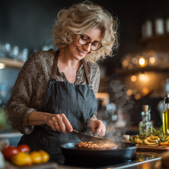 Літня пара готує здорову їжу на кухні